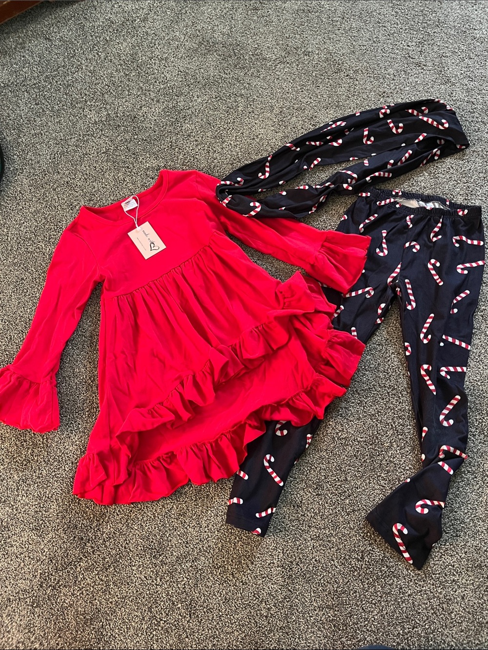 Girls Red Ruffle Dress & Candy Cane Leggings Set
